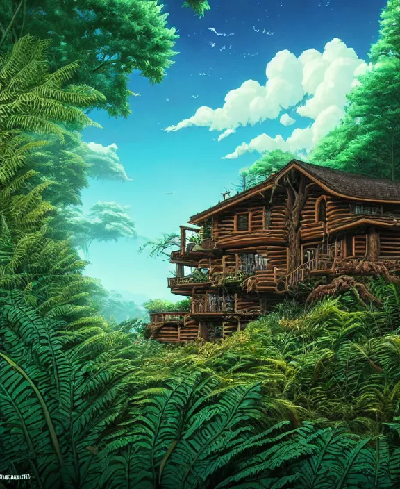 Image similar to an enormous cabin exterior, overgrown with exotic fungus, overgrown with huge ferns, cliff side, noon, sun drenched, partly cloudy, by dan mumford, yusuke murata, makoto shinkai, ross tran, cinematic, unreal engine, cel shaded, featured on artstation, pixiv