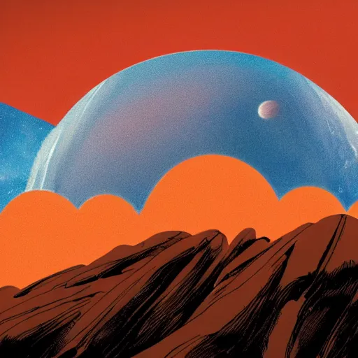 Image similar to orange and blue alien planet horizon with mountains and a solar eclipse, marvel comic book double page