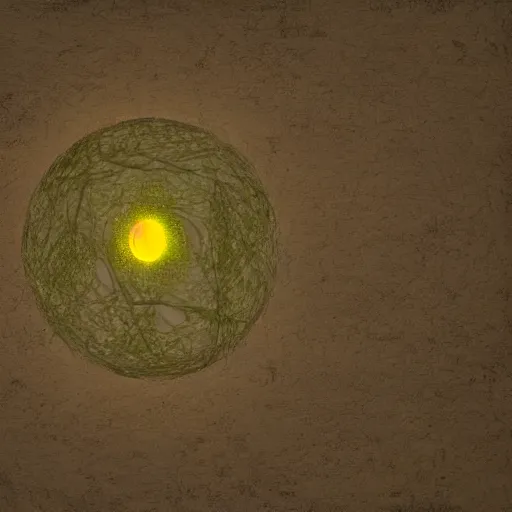 Image similar to almost abstract. it has both recognizable elements of nature and non - representational shapes. there's a nest - like object at the bottom, and two stick like objects. they extend up to a series of spherical shapes, one of them emitting a yellow light.