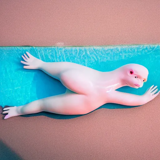 Prompt: cinematic photo of a beautiful albino axolotl woman lit with saturated split colour blue and dusty pink lighting sunbathing by the pool