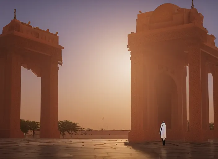 Image similar to jeddah city epic golden hour, magical time gate to another dimension, a man wearing a white robe standing watching over, dramatic lighting, dawn, by caspar david friedrich, unreal engine 5