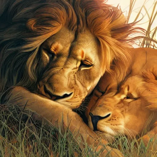 Prompt: contented lion and lioness cuddling with each other, golden hour, adorable, art by artgerm and alphonse mucha