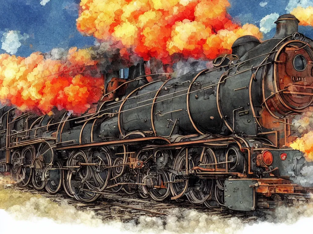 Image similar to cross - section close - up view of a steam anime train, autumn light, colorful, smoke, beautiful, by studio ghibli, digital art, concept art, manga, cute and adorable, illustration