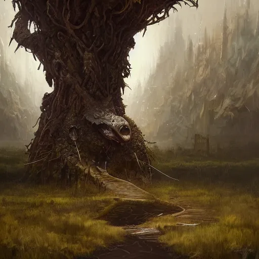 Image similar to living tree, in the shape of a rat with legs and yellow eyes, dark land, by greg rutkowski, trending on art station, highly detailed, magic the gathering, matte painting