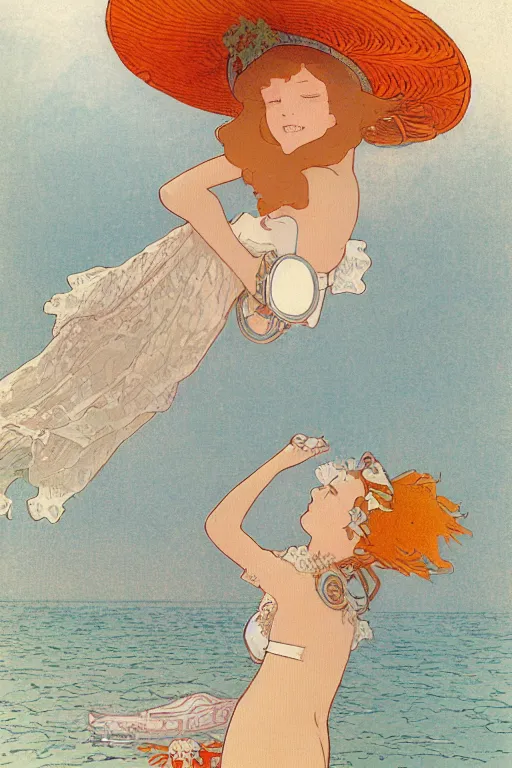 Prompt: A girl in a white lacy bikini and white sun hat and Holding a heart-shaped lifebuoy, jumping for joy,long orange hair floating on air ,Waves and sand and clouds in the background ,Smooth visual lines,,graphic Design by mucha and studio ghibli