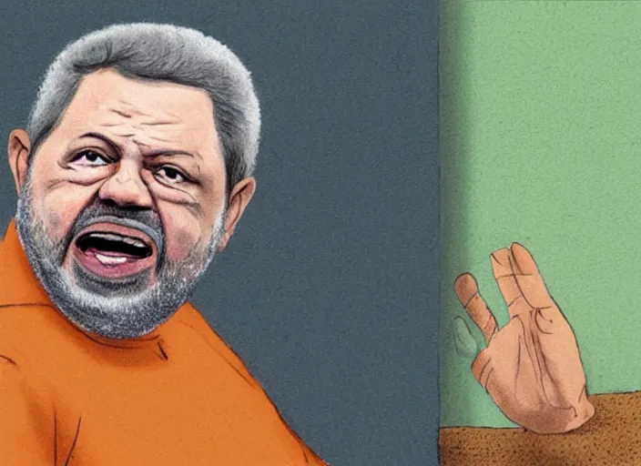 Prompt: Luis Inácio Lula da Silva with prison clothes, running scared from dogs, cartoon drawing