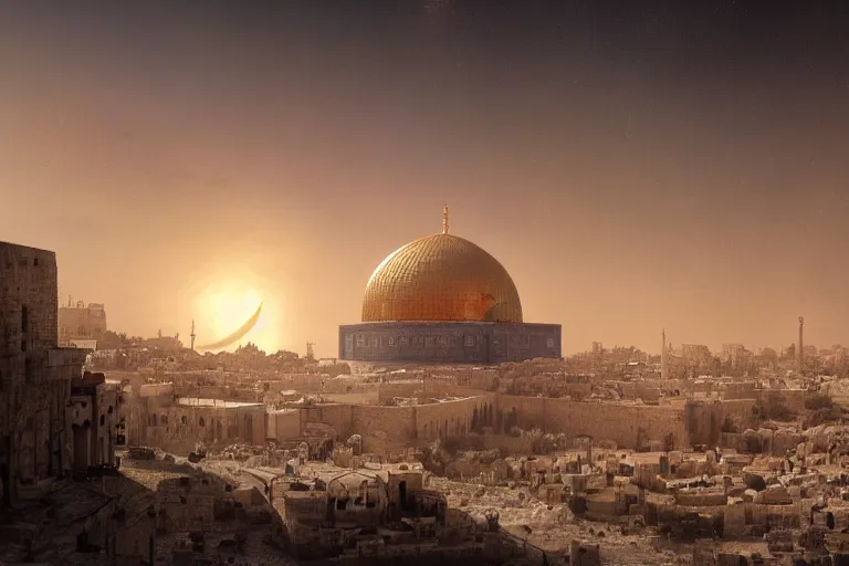 Image similar to jerusalem city on the moon, matte painting, long shot, concept art, wide shot, digital art, trending on artstation, 4 k, extremely detailed, realistic, midday, warm colors, golden sunlight, by greg rutkowski, cinematic, epic