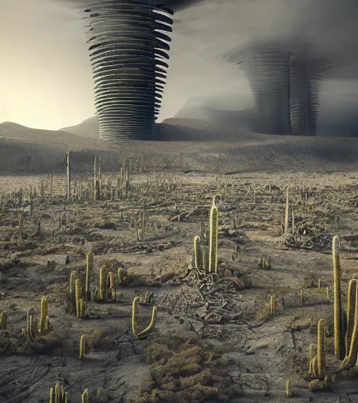 Prompt: surreal theory of the massive white inverted roots, bio tech veins, unfinished vertical roots, futuristic tower, futuritic architecture, ancient epic towers in the mining tailings in the desert, biroremediation plant, foggy sky, patchy cactus, octane render, pale colors, high detail, 8 k, wide angle, trending on artstation, behance