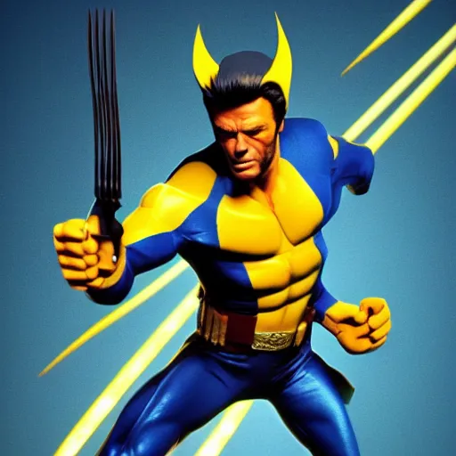 Image similar to 8 0 s, vhs, vintage movie, clint eastwood as wolverine in blue and yellow costume, octane render, beautiful composition, trending on artstation, award - winning photograph, masterpiece