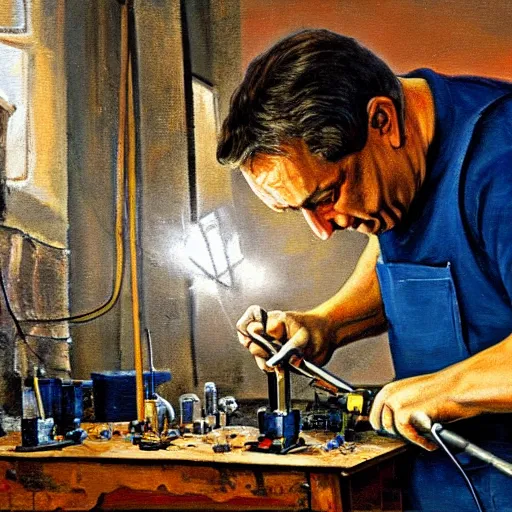 Image similar to viktor orban soldering in a workshop, oil painting