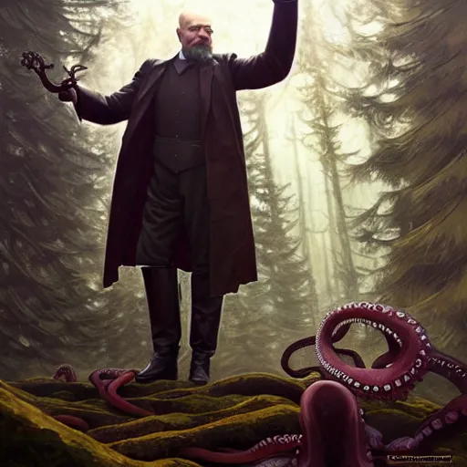 Image similar to photo of vladimir lenin as humanoid octopus hybrid were a heroic dress an armour in the forest, highly detailed, digital painting, artstation, smooth, sharp focus, illustration, art by artgerm and greg rutkowski and alphonse mucha