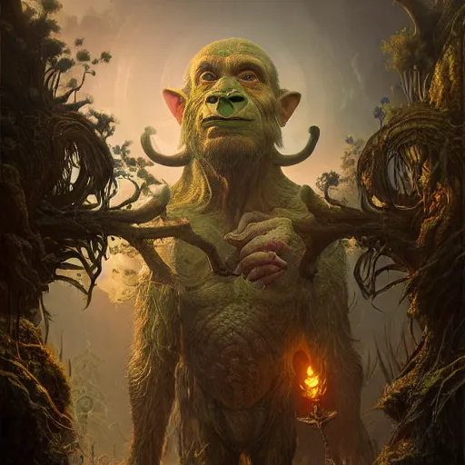 Image similar to a hyperrealistic illustration of a mix of an oger and giant and goblin, 8 k ultra realistic creature, detailed intricate, with fractal sunlight, award - winning, masterpiece, in the style of tom bagshaw, cedric peyravernay, peter mohrbacher