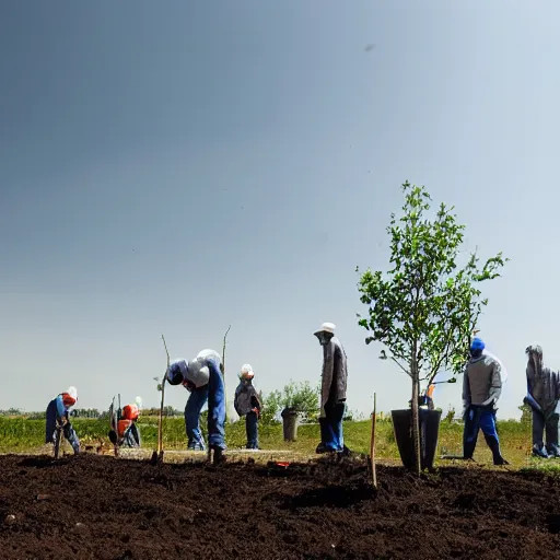 Image similar to a group of workers planting trees in front of a clean white sci fi containment building with a utopian city in the distance