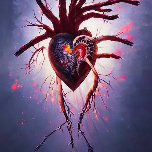 Image similar to a beautiful painting by Grzegorz greg rutkowski of an anatomically correct heart bursting out of an anatomically correct skeletal rib-cage and exploding into rainbows and sunflowers, trending on artstation hq