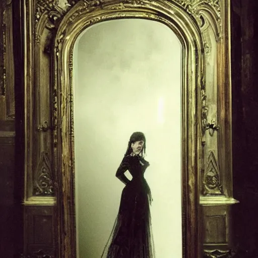 Image similar to a beautiful victorian woman is frightened by her zombie twin in a mirror. she is in a long hallway of mirrors. victorian interior, with many mirrors, twins, elegant design, haunting atmosphere, dark lighting, gothic, horror style, scary, swirling fog, volumetric lighting, by greg rutkowski, realistic, dutch angle, zombies