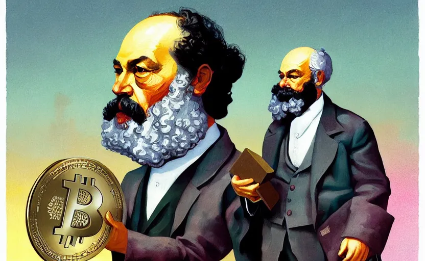 Prompt: Karl marx Holding bitcoins and dreaming about capitalism, highly detailed, very coherent, painted by Francis Bacon and Edward Hopper, Wayne Barlowe, painted by James Gilleard, surrealism, airbrush, art by JamesJean