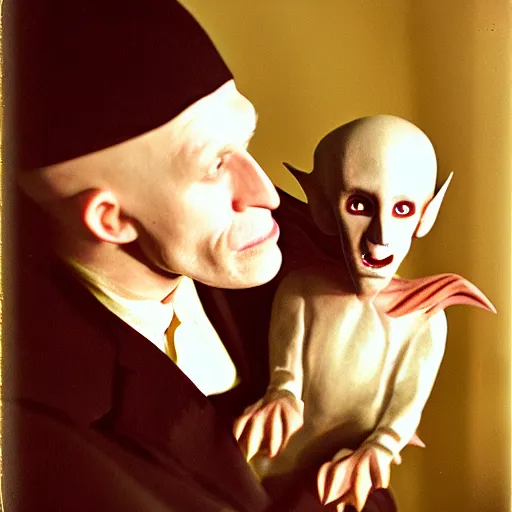 Image similar to portrait of nosferatu playing with his kid, realistic detailed photography, kodak 5 2 1 9 film, 5 0 mm lens