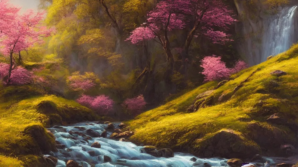 Image similar to A beautiful landscape oil painting of a hill with trees, the spring has arrived and the trees are blooming and covered with yellow, pink, purple and red flowers, the river come from the waterfall and is zigzagging and flowing its way, the river has lots of dark grey rocks, by Greg Rutkowski