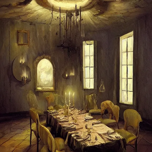 Image similar to a serene and tranquil dining room, haunted house, masterpiece, unease, grasping pseudopods, rhads!!!, magical realism, urban fantasy, ( h. r. giger )