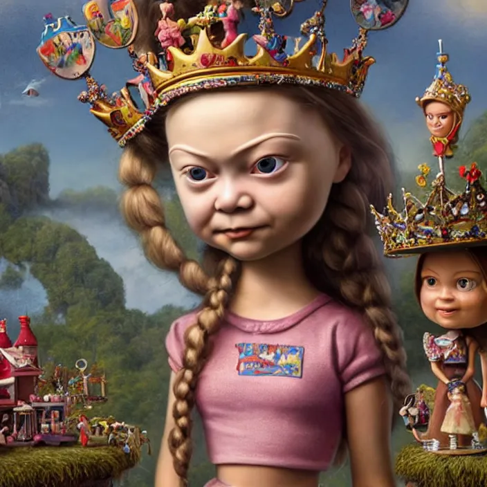 Image similar to highly detailed closeup, face profile portrait of greta thunberg as a tin toy fairytale princess wearing a crown eating cakes, bikini, unreal engine, nicoletta ceccoli, mark ryden, earl norem, lostfish, global illumination, detailed and intricate environment
