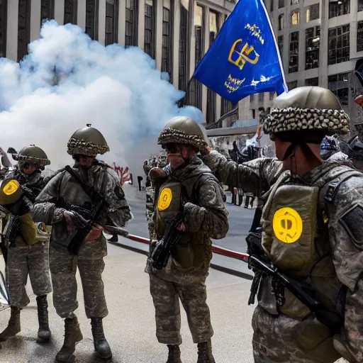 Image similar to 4 k hdr sony a 7 photo of soldiers with bitcoin logos on their helmets at a protest of thousands of people surrounding federal reserve building with us dollars burning in a pile and flying everywhere