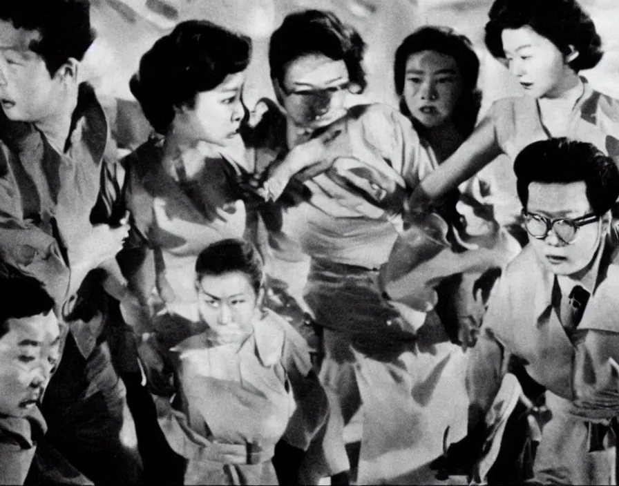 Image similar to a filmstill of pulgasari, kaiju starfish, monster movie, korean film noir, 1 9 5 0 s thriller, kim jong - il, in the style of suspiria ( 1 9 7 7 )