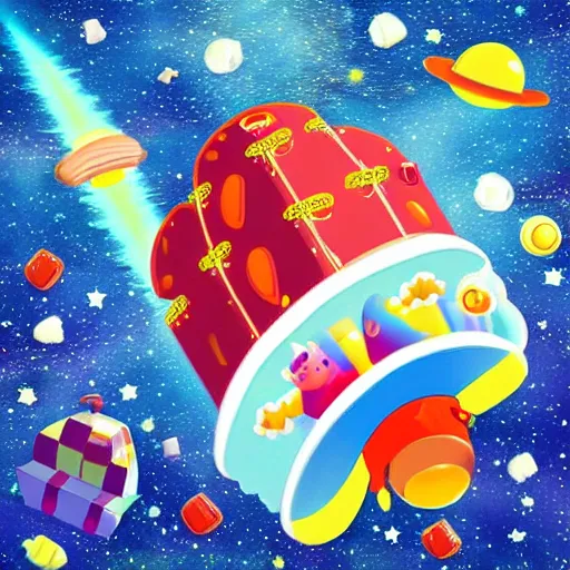 Prompt: Howl's Moving Candy Castle In Space With Flying Pigs