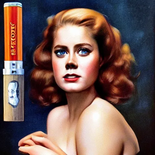 Image similar to ultra realistic portrait painting of amy adams in a vintage cigarette ad, art by frank frazetta, 4 k, ultra realistic, highly detailed, epic lighting