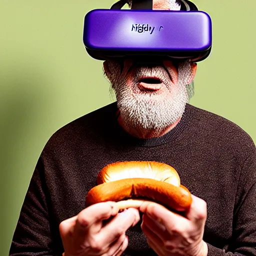 Image similar to Colour Photography of 1000 years old man with highly detailed 1000 years old face wearing higly detailed VR Headset. Man eating hot-dog in style of Josan Gonzalez