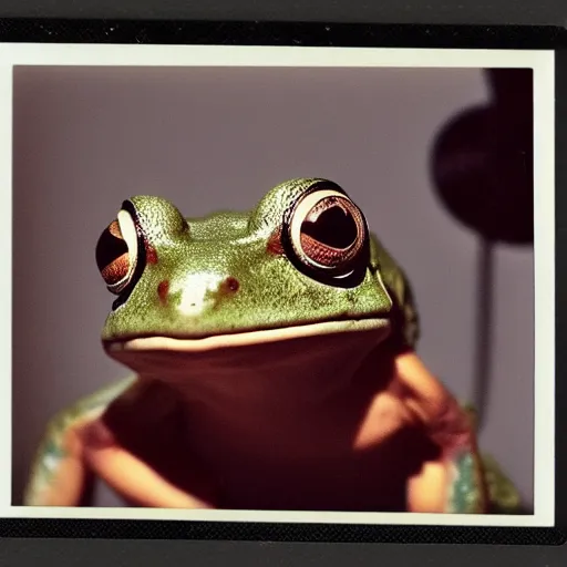 Image similar to a polaroid photo of a frog wearing headphones