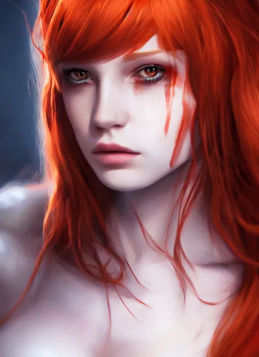 Prompt: Beautiful redhead girl which chest wrapped in bandages, portrait, fantasy, medieval, vivid colors, fantasy, elegant, concept art, sharp focus, beautiful face, digital art, Hyper-realistic, 4K, Unreal Engine, Highly Detailed, HD, Dramatic Lighting by Brom, trending on Artstation