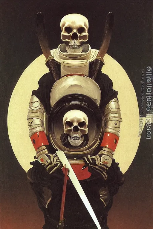 Image similar to portrait of a skull man japanse samurai astronaut with samurai helmets, by bouguereau