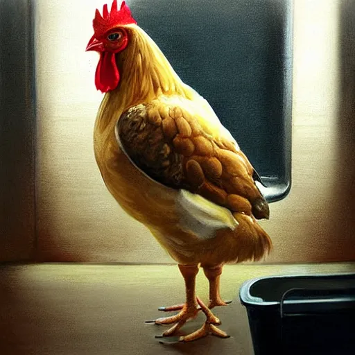 Prompt: a beautiful painting of a chicken sitting in a subway seat, rutkowski, realism, cinematic lighting