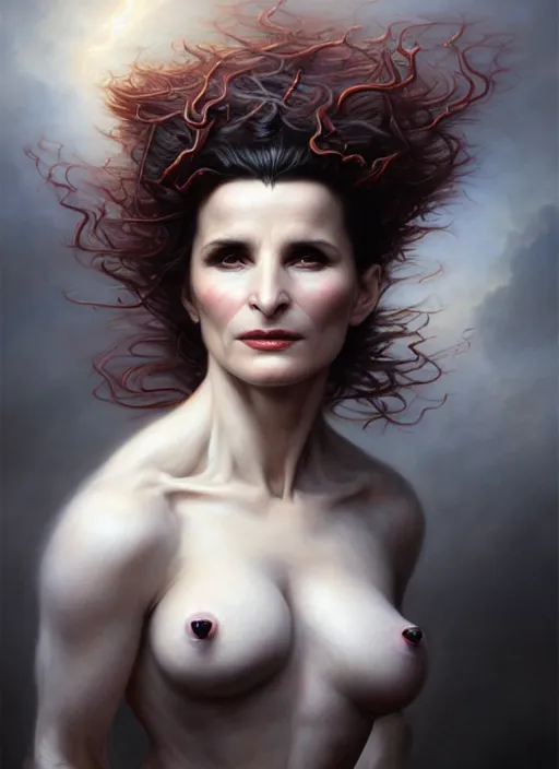 Image similar to julette binoche as an devil, aesthetic, fine art, intricate, elegant, highly detailed, realistic hair, centered, digital painting, art station, conceptual art, soft, sharp focus, illustration, artwork, artgerm, tomasz alen kopera, peter mohrbacher, donato giancola, wlop, boris vallejo