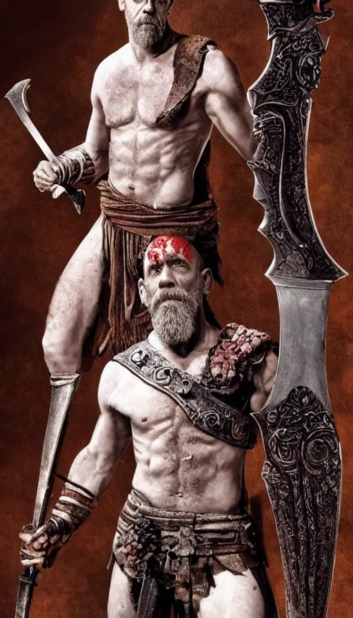 Image similar to hugh laurie as god of war, masculine, sweaty, intricate, warrior clothing and holding his great sword, hero, intricate, symmetrical features, highly - detailed,