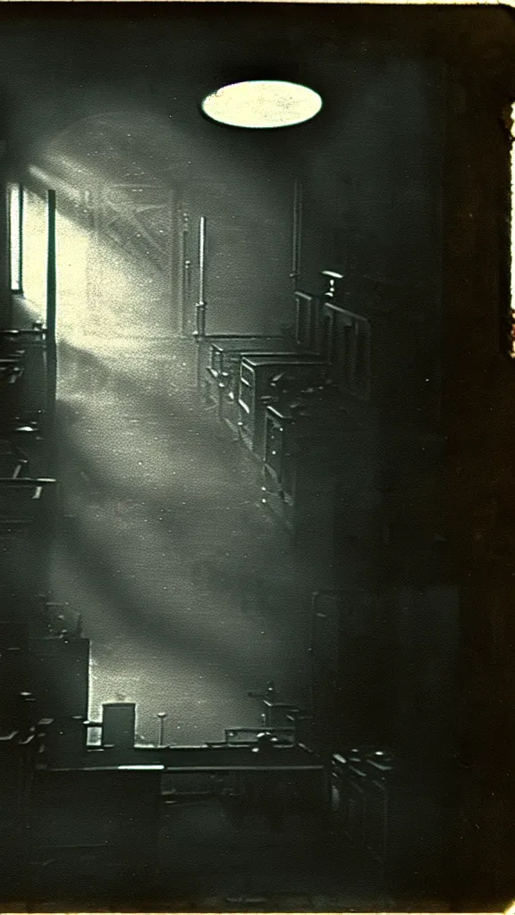 Image similar to a disturbing vintage photograph, a soviet laboratory with a portal to a dark and gothic painterly artistic dramatic lighting rule of thirds machinery factory polluting the land and blocking the sun