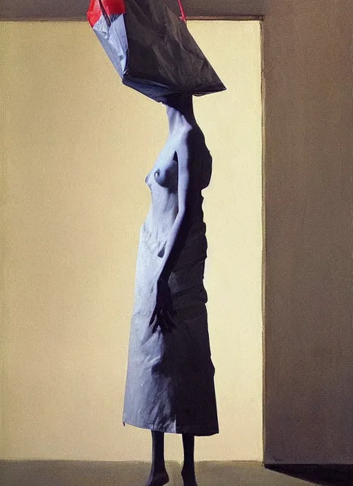 Image similar to woman in dress made from plastic bag with paper bags for clothes standing inside paper bags with paper bag over the head at store display Edward Hopper and James Gilleard, Zdzislaw Beksinski, highly detailed