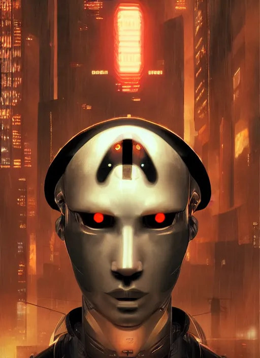 Prompt: bladerunner, cyberpunk, angled facial portrait of a bone ceramic caliente humanoid robot Spanish ninja with an attractive bald head and handsome features, large glowing eyes, macho, piroca, dotado, guapo, reflective surface, by Makoto Shinkai, trending on cgsociety, trending on artstation