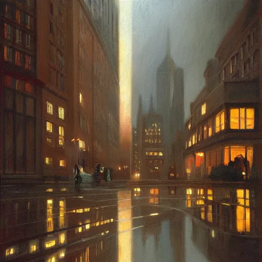 Image similar to muted color ultra realistic painting mirror dimesnions 1 9 2 5 boston downtown at night, dark, brooding, night, atmospheric, horror, cosmic, ultra - realistic, smooth, highly detailed in the style of clyde caldwell