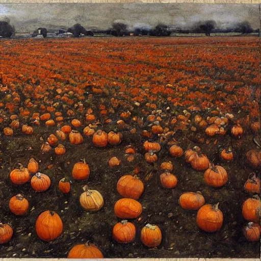 Prompt: a field of rotting pumpkins, by Sir James Guthrie, hyperrealism