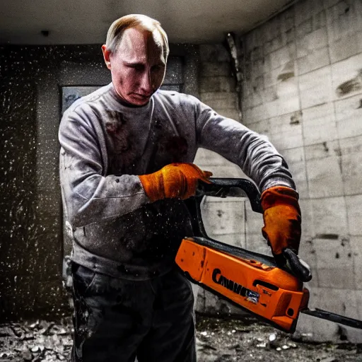 Image similar to putin with a chainsaw and a corpse. in a concrete bunker. focus on face with blood splatters. canon eos r 3, f / 1. 4, iso 4 0 0, 1 / 1 6 0 s, 8 k, raw