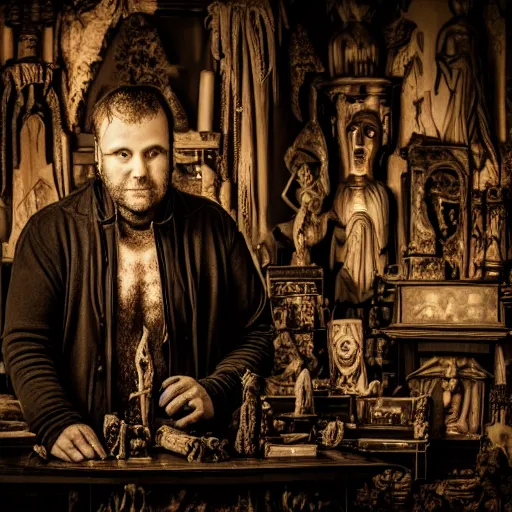 Prompt: dark night portrait f / 1. 4 of a thin neurotic forty two year old british man vampire feeling confidant in a cluttered room full of ancient artifacts dark dusty statues runes magical arcane instruments candlesticks ritual stone knife drapery bloody atmospheric hdr