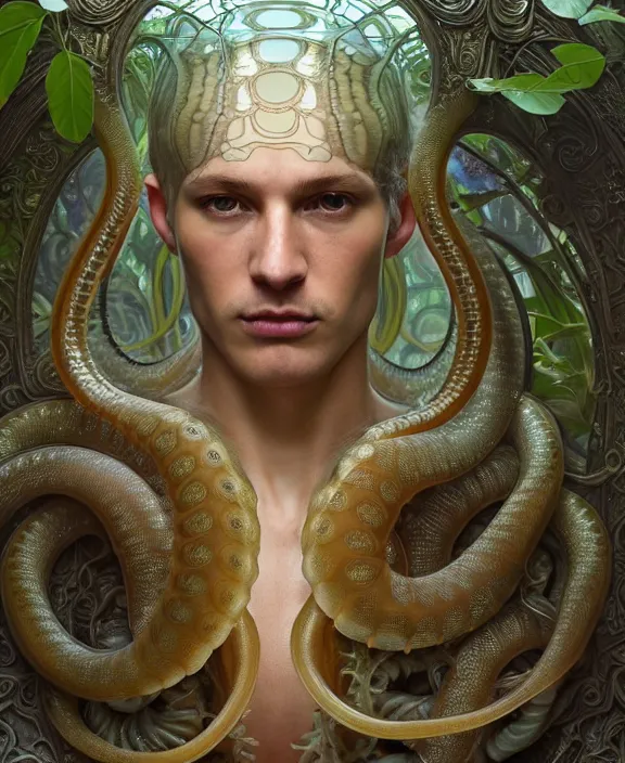 Prompt: intricate ornate opulent transparent clear see - through portrait of a horrific beautiful male human nautilus snake, adorable, childlike, overgrown biopunk jungle environment, ultra realistic, concept art, art nouveau, photorealistic, octane render, 8 k, unreal engine. art by christopher marley and artgerm and greg rutkowski and alphonse mucha