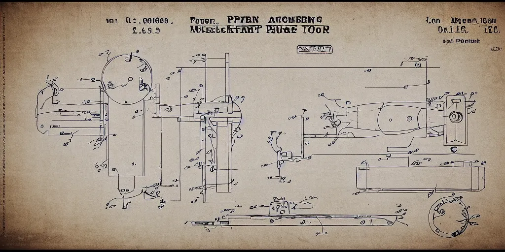 Image similar to portal gun patent blueprint, paper, engineered, 8 k, highly technical, production ready, from portal the game,