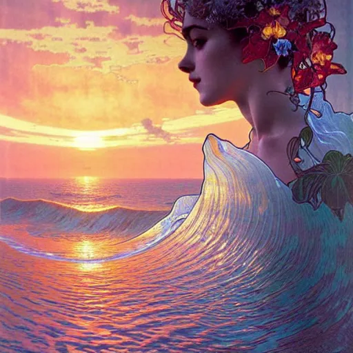Prompt: detailed intricate orchid flower surrounded by ocean wave, water, ripples, transparent droplets, backlit, sunset, refracted lighting, art by collier, albert aublet, krenz cushart, artem demura, alphonse mucha