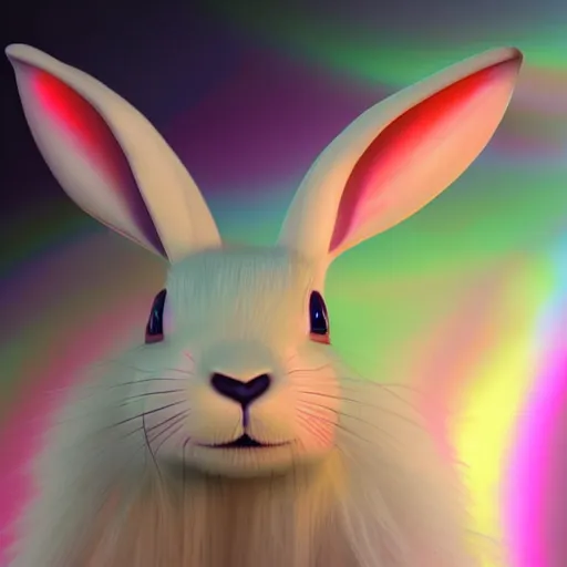 Image similar to 'a painted soul that is imagining becoming a iridescent as a cute and pretty mentally insane girl inquisitively smirks at you' 'pretty and cute teen girl with mental insanity imagines an image of a psychic iridescent hare.' ultra detailed 3D render at 16K resolution. epically surreally epic image. rendering amazing detail. vivid clarity. ultra shadowing. mind-blowing quality. really cool 3D shadowing.
