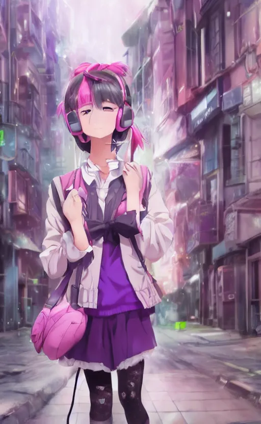 Image similar to anime girl with pink ponytail, wearing purple headphones, wearing a green sweater, with a smile on her face and her eyes closed, walking down a street, dynamic lighting, photorealistic fantasy concept art, trending on art station, very detailed, anime concept art, stunning visuals, creative, cinematic, ultra detailed