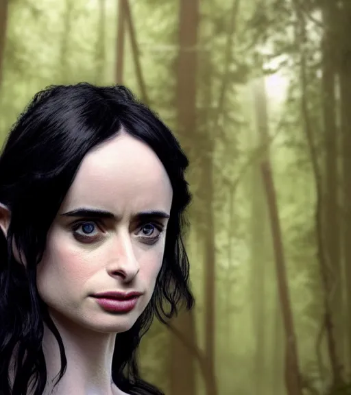 Image similar to 5 5 mm close up portrait photo of krysten ritter as yennefer of vengerberg in black leather armor and long black wavy hair and purple eyes, in a forest. magical atmosphere. art by greg rutkowski. lifelike. very detailed 8 k. intricate. soft light. nikon d 8 5 0.