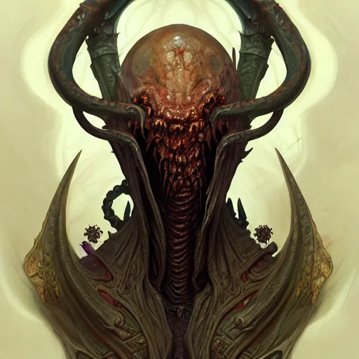 Image similar to Portrait of an undead ilithid mindflayer dracolich, honeycomb background, d&d, fantasy, intricate, elegant, highly detailed, digital painting, artstation, concept art, smooth, sharp focus, illustration, art by Krenz Cushart and Artem Demura and alphonse mucha