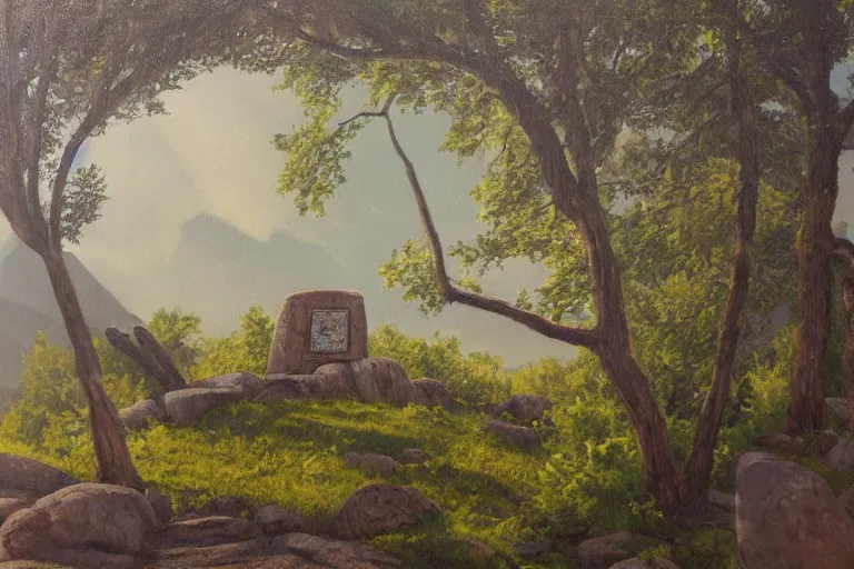 Prompt: runestone, monument, megalithic, nature, trees, mountains, focused, centered, very detailed, oil painting